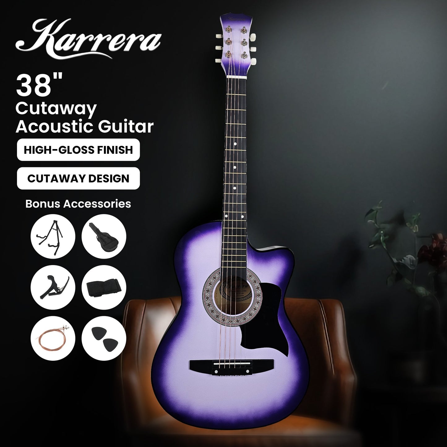 38in Pro Cutaway Acoustic Guitar with guitar bag - Purple Burst