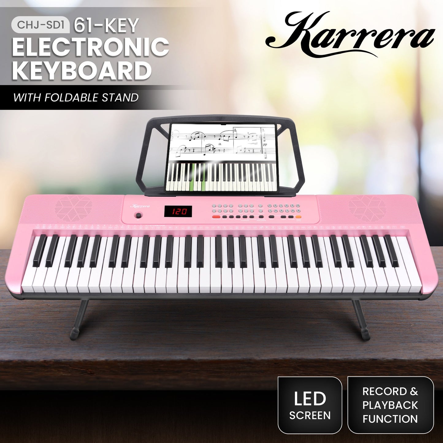 Karrera 61-Key Electronic Piano Keyboard with LED and Folding Stand in Pink CHJ-SD1