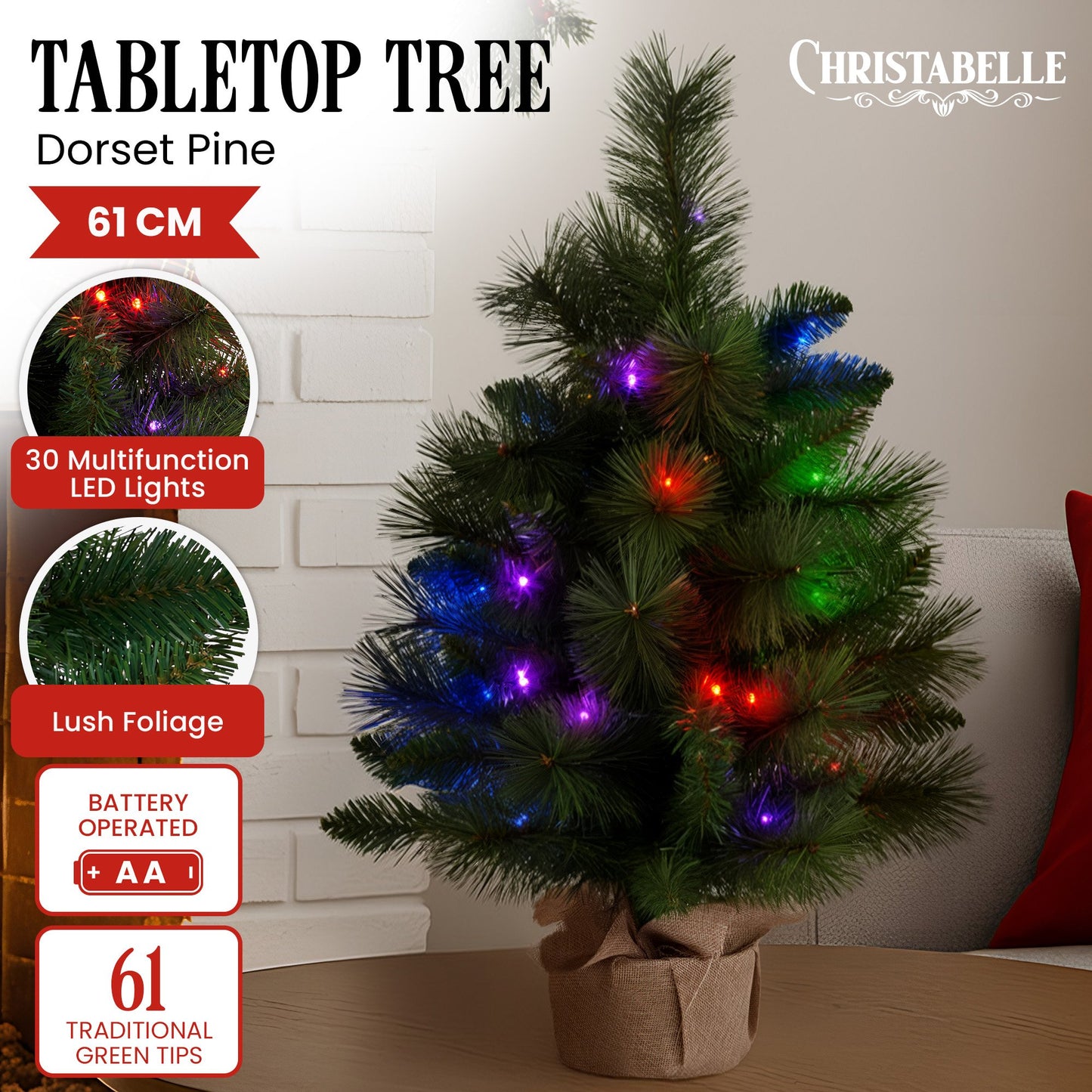 Christabelle 61cm Battery-Operated Christmas Tree with Multi-Function Lights - Dorset Pine