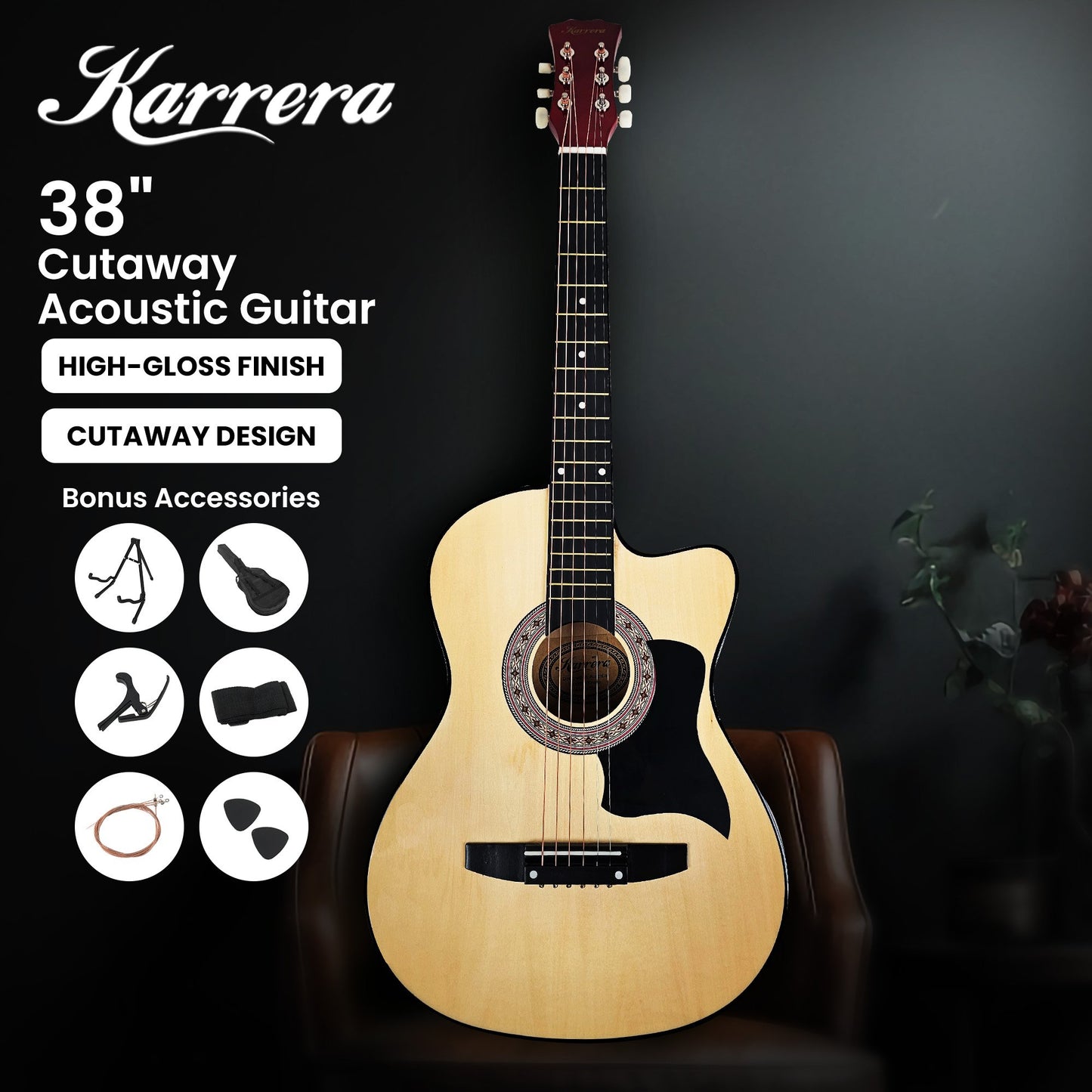 38in Pro Cutaway Acoustic Guitar with guitar bag - Natural