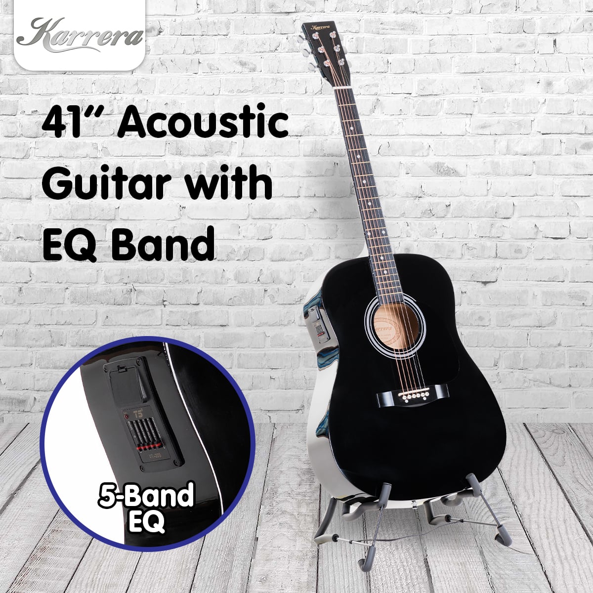Karrera 41 Inch Electro Acoustic Guitar Black - Full Size Steel String Acoustic Electric Guitar with 5-Band EQ