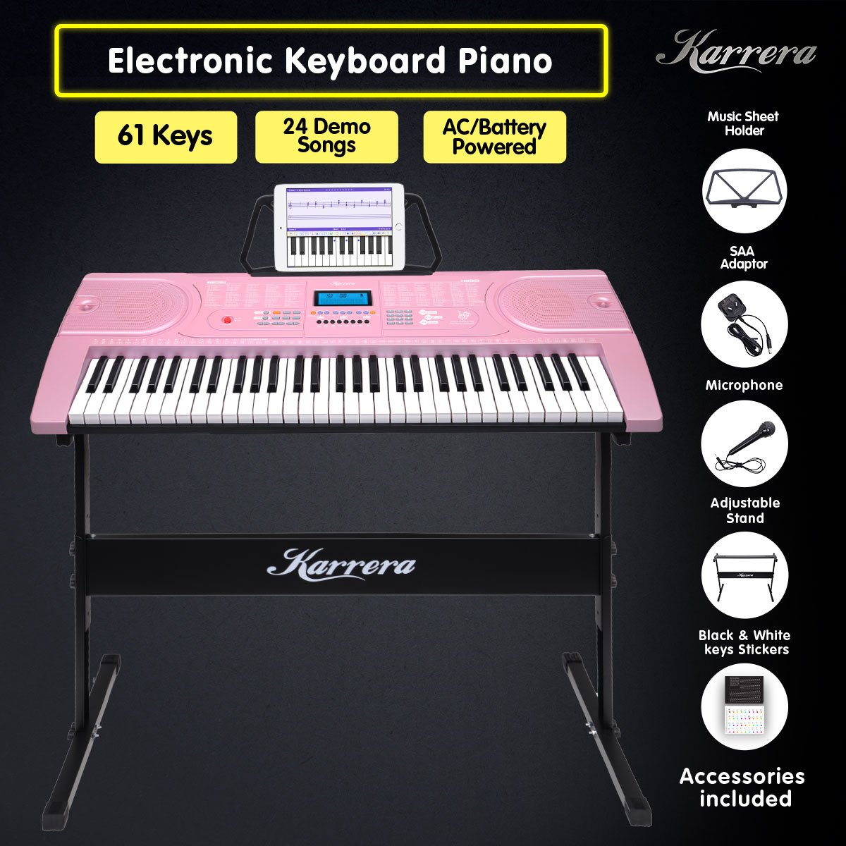 Karrera 61-Key Electronic Keyboard Piano with Stand & Sheet Music Holder - Portable Beginner Digital Piano, Pink