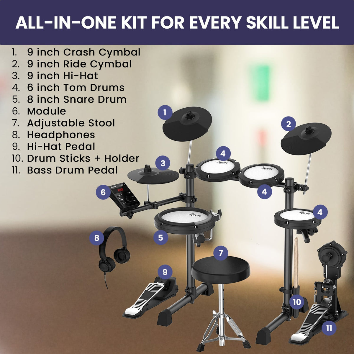 Karrera 18S Electronic Drum Kit with Mesh Pads 8in Bluetooth USB/MIDI Drum Coach Metronome  Kick Pedal & Choke Cymbals