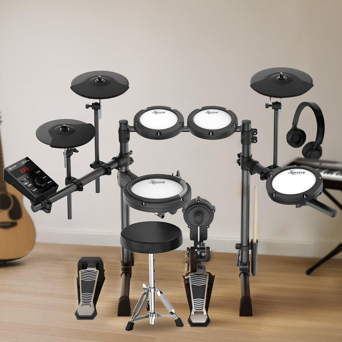 Karrera 18S Electronic Drum Kit with Mesh Pads 8in Bluetooth USB/MIDI Drum Coach Metronome  Kick Pedal & Choke Cymbals