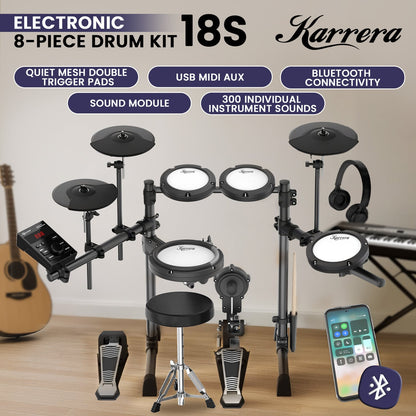 Karrera 18S Electronic Drum Kit with Mesh Pads 8in Bluetooth USB/MIDI Drum Coach Metronome  Kick Pedal & Choke Cymbals