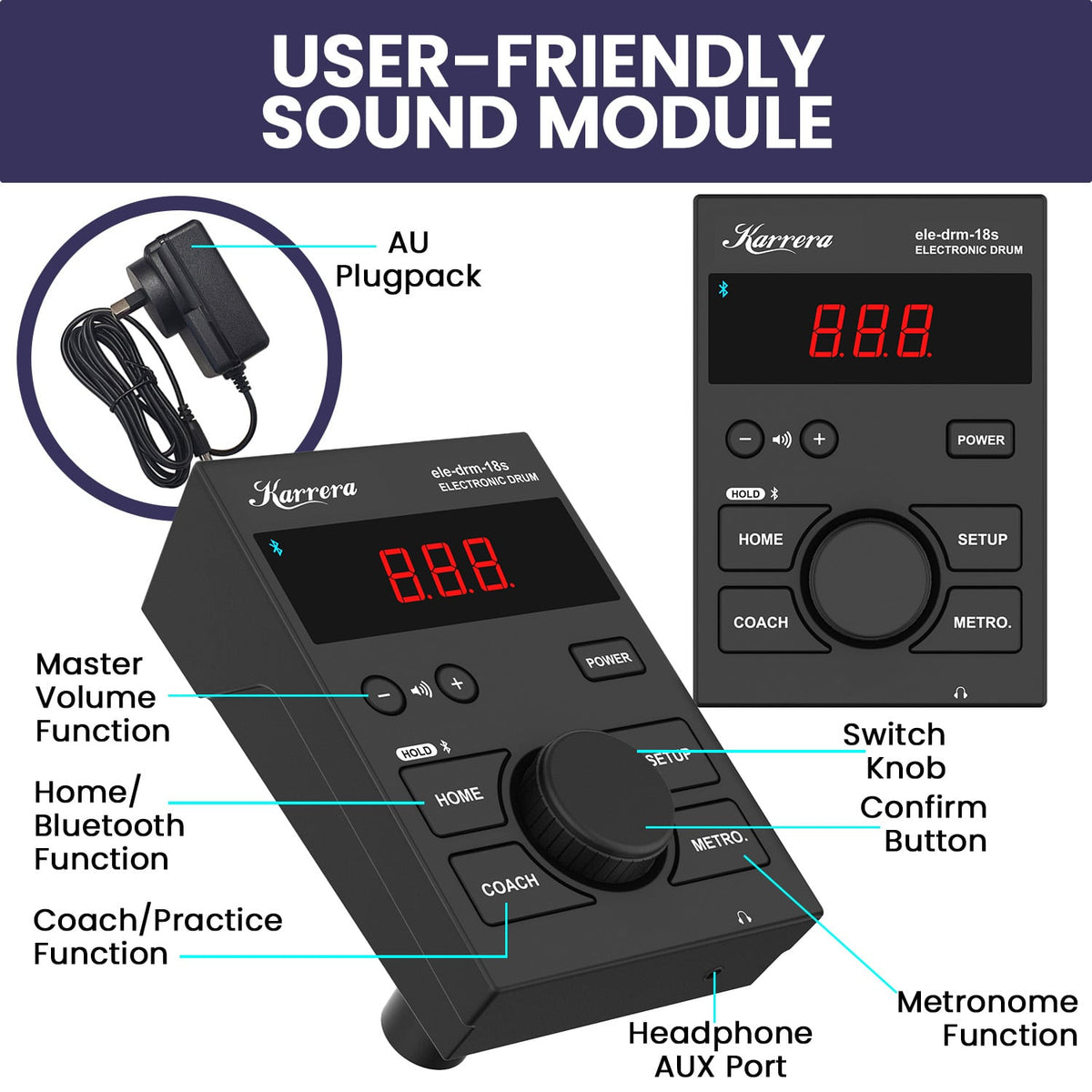 Karrera 18S Electronic Drum Kit with Mesh Pads 8in Bluetooth USB/MIDI Drum Coach Metronome  Kick Pedal & Choke Cymbals