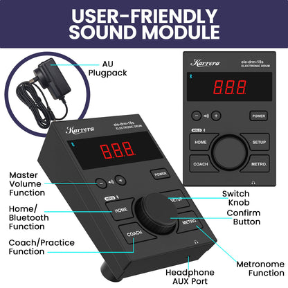 Karrera 18S Electronic Drum Kit with Mesh Pads 8in Bluetooth USB/MIDI Drum Coach Metronome  Kick Pedal & Choke Cymbals
