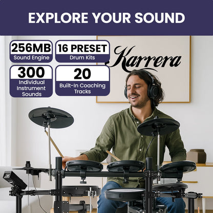 Karrera 18S Electronic Drum Kit with Mesh Pads 8in Bluetooth USB/MIDI Drum Coach Metronome  Kick Pedal & Choke Cymbals