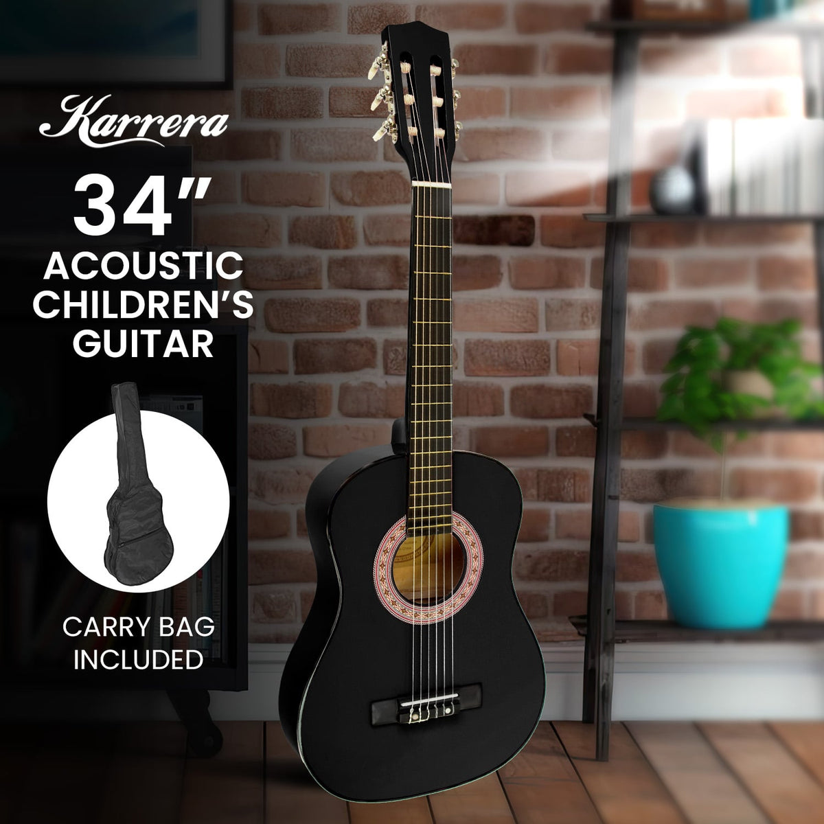 Karrera 34in Wooden Acoustic Childrens Guitar - Black